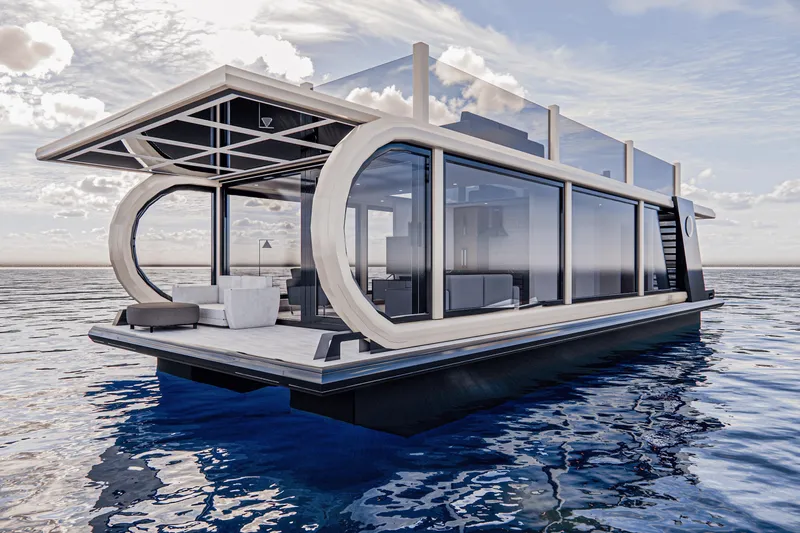  Yacht Photos Pics Futuristic 2026 Custom E-Clipse houseboat with sleek design on open water.