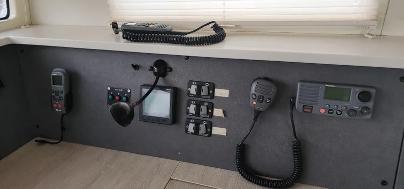 Jolly Dacha Yacht Photos Pics Leopard 48 yacht control panel with communication devices and switches, 2015 model.