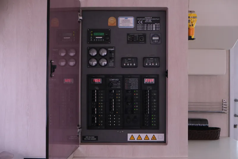 Jolly Dacha Yacht Photos Pics Electrical control panel on a 2015 Leopard 48 yacht.