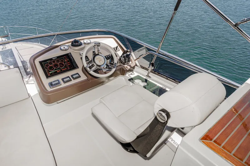 The Riviera Yacht Photos Pics 2017 Monte Carlo MC5S yacht helm with modern controls and luxurious seating.