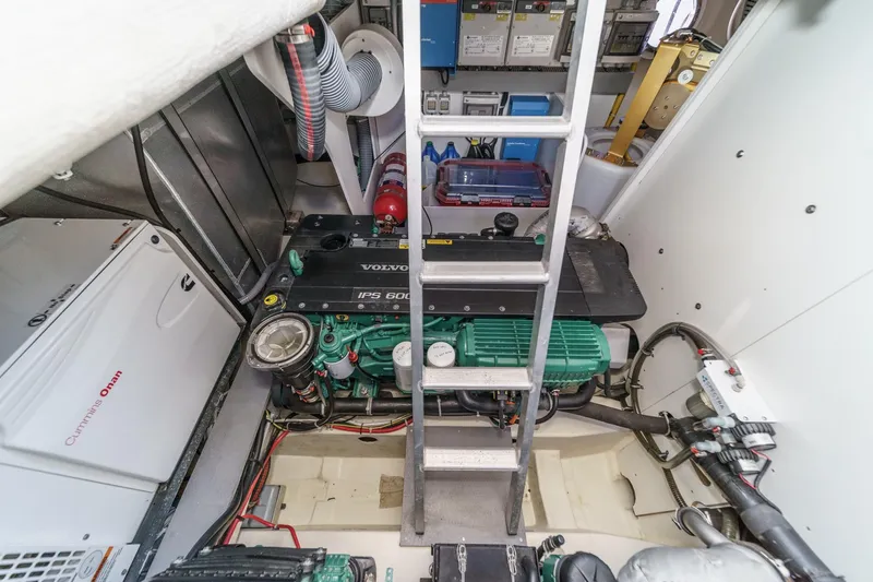 The Riviera Yacht Photos Pics Engine room of 2017 Monte Carlo MC5S with Volvo IPS 600 engine and Cummins Onan generator.