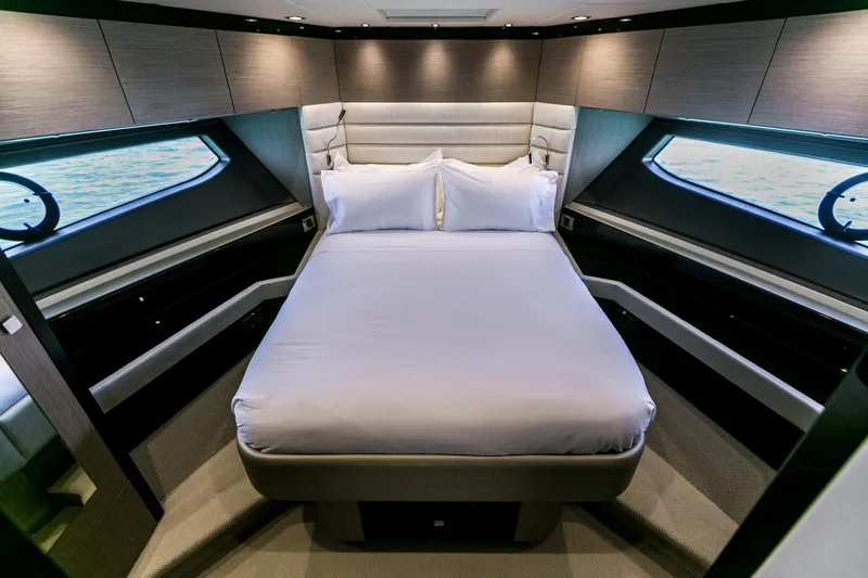 My Serenity Yacht Photos Pics Luxurious bedroom interior of 2018 Sunseeker Manhattan 66 yacht with elegant design.
