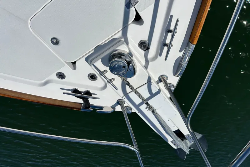  Yacht Photos Pics Top view of 2005 Sabre 38 yacht's bow with anchor and winch system.