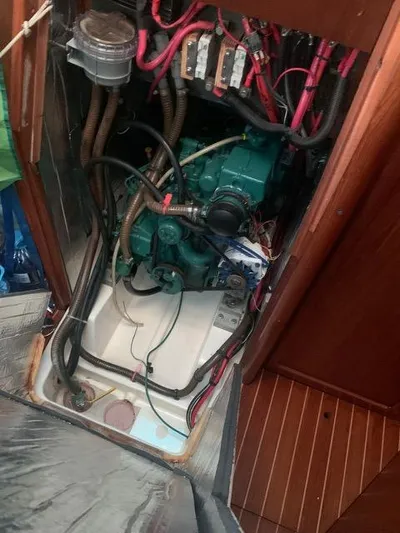  Yacht Photos Pics Engine compartment of 2002 Jeanneau Sun Odyssey 40 sailboat, showing wiring and components.