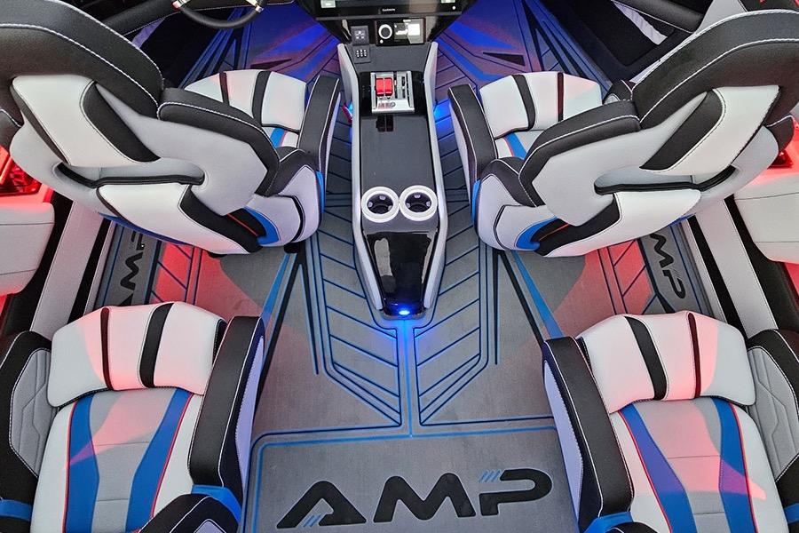 2026 American Marine Performance 393 CAT interior with modern seating and ambient lighting.
