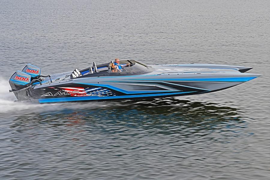 2026 American Marine Performance 393 CAT speedboat cruising on water, showcasing sleek design.