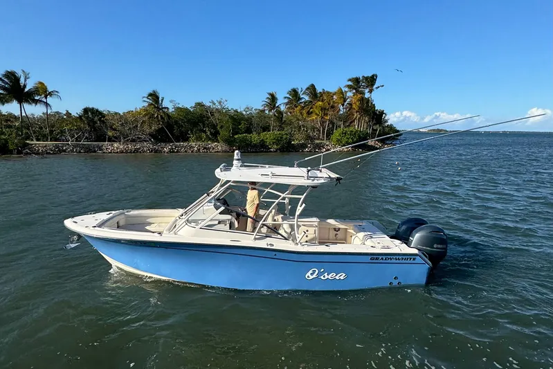 275-264 Brokerage Joe Yacht Photos Pics 2022 Grady-White Freedom 275 boat cruising near tropical island with palm trees.