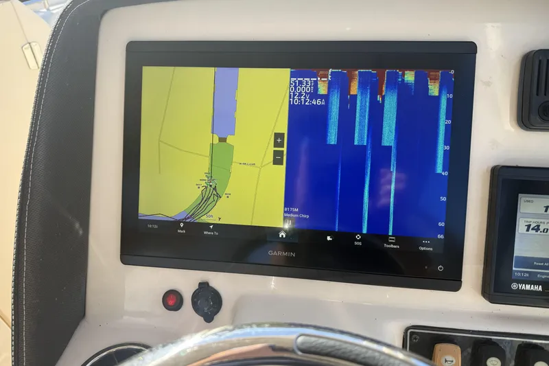 275-264 Brokerage Joe Yacht Photos Pics Garmin navigation display on 2022 Grady-White Freedom 275 boat dashboard.