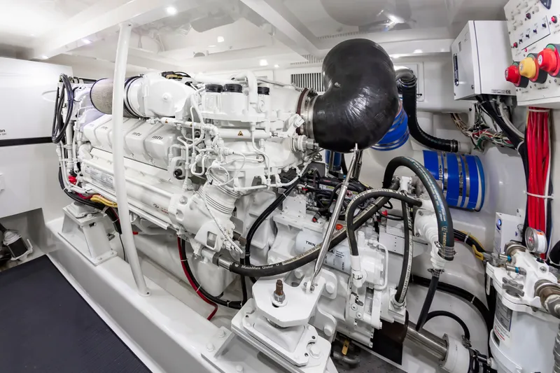 Big Hunter Yacht Photos Pics Engine room of 2024 Albemarle Spencer Edition boat, showcasing complex machinery.
