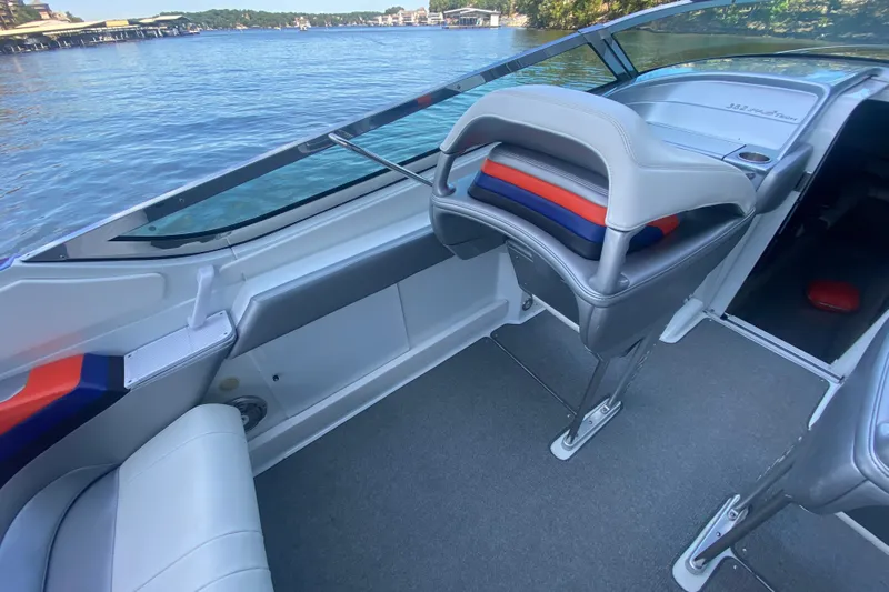  Yacht Photos Pics 2008 Formula 382 FASTech boat interior with sleek seating and lake view.