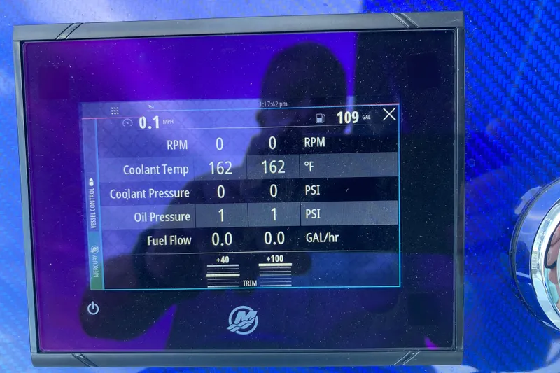  Yacht Photos Pics Digital dashboard of a 2008 Formula 382 FASTech boat displaying engine metrics.