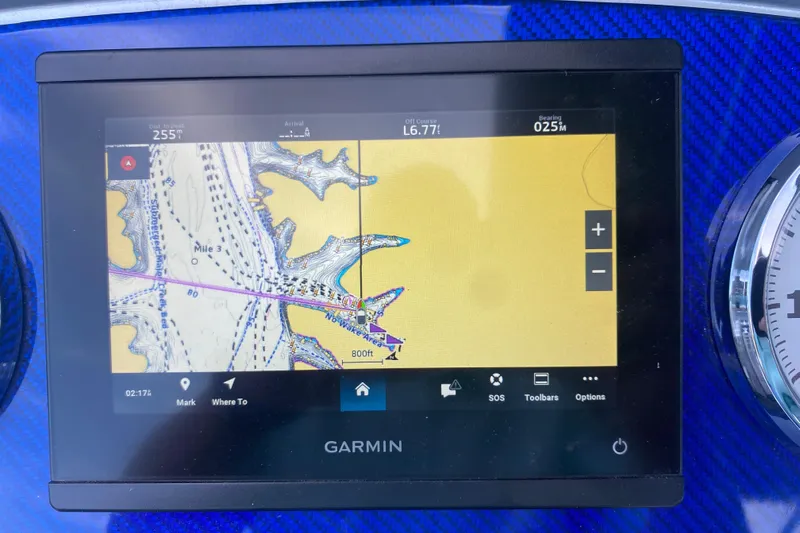  Yacht Photos Pics Garmin GPS display on 2008 Formula 382 FASTech boat, showing nautical map and navigation details.