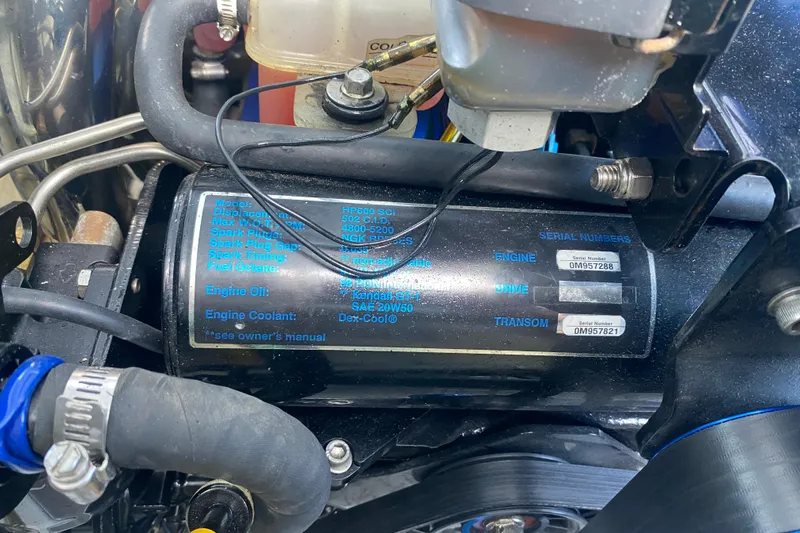  Yacht Photos Pics Engine compartment of a 2008 Formula 382 FASTech boat, showing serial numbers and specifications.