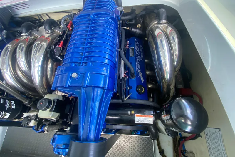  Yacht Photos Pics 2008 Formula 382 FASTech engine with blue Mercury Racing components and chrome headers.