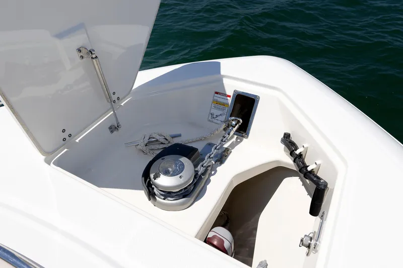Murphy's Law Yacht Photos Pics Anchor compartment of 2016 Boston Whaler 330 Outrage boat with chain and rope.