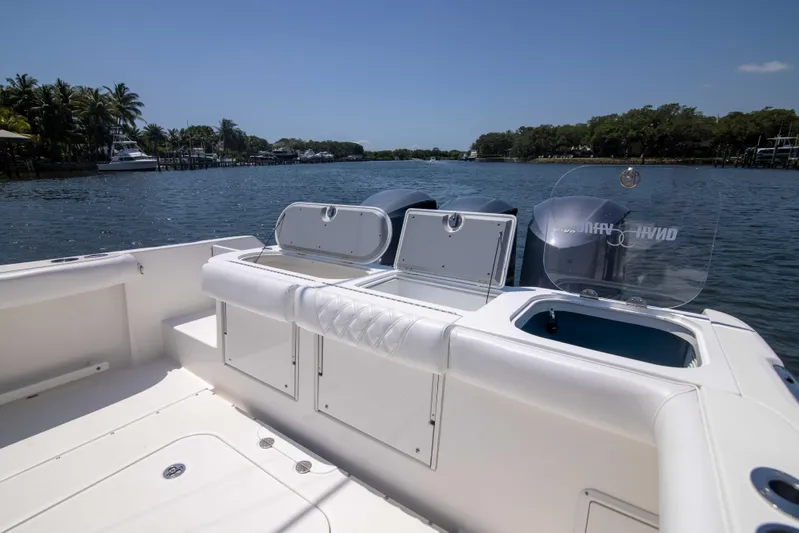 Outta Hand Yacht Photos Pics 2009 Everglades 350CC boat interior with open water view.