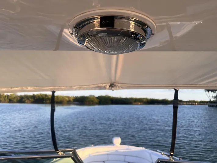  Yacht Photos Pics 2019 Regal 29 OBX boat canopy with light, overlooking serene lake view.