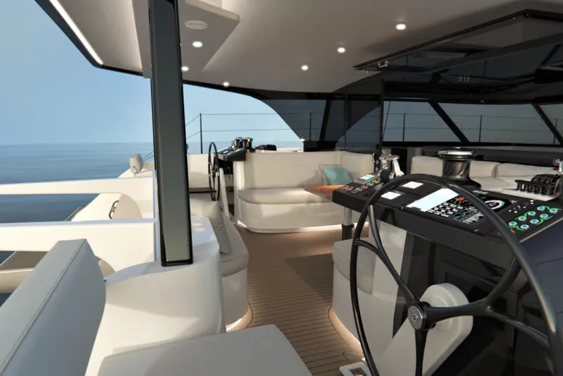 Hh52 New Sc Aft Yacht Photos Pics Luxurious interior of 2026 HH Catamarans HH52, featuring modern helm and seating area.