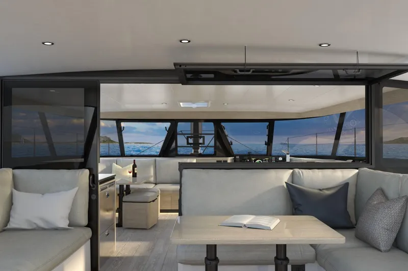 Hh52 New Sc Aft Yacht Photos Pics Luxurious interior of 2026 HH Catamarans HH52 with ocean view and modern furnishings.