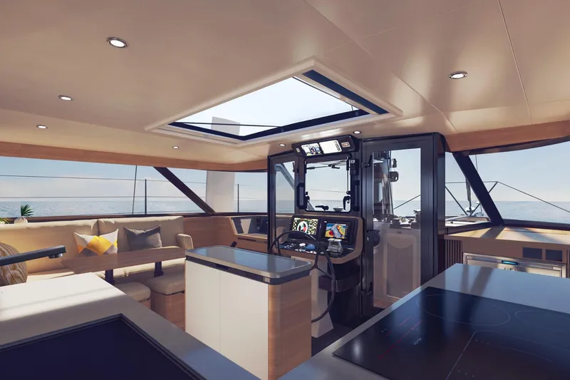 Hh52 New Sc Aft Yacht Photos Pics Luxurious interior of 2026 HH Catamarans HH52 with modern helm and seating area.