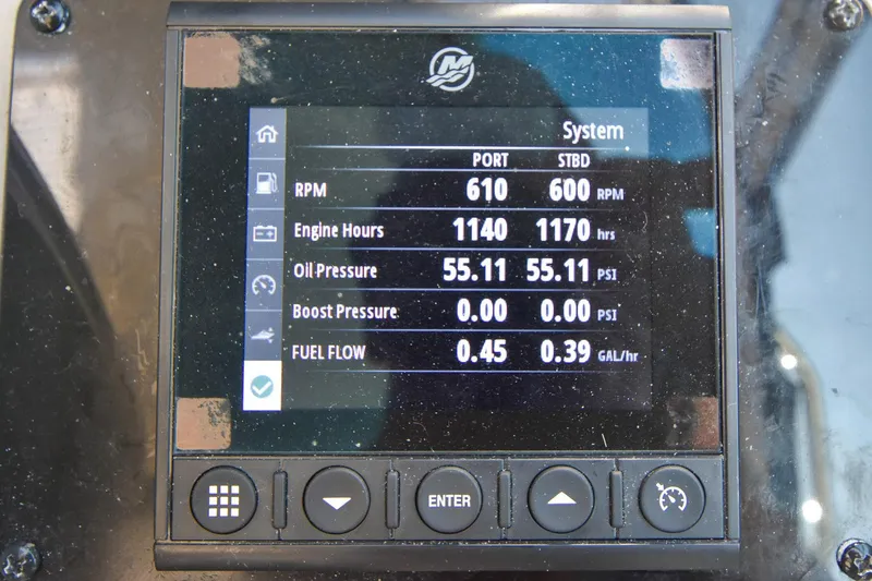 Pure Fun Yacht Photos Pics Display panel of a 2007 Sea Ray 40 Sundancer showing engine metrics.
