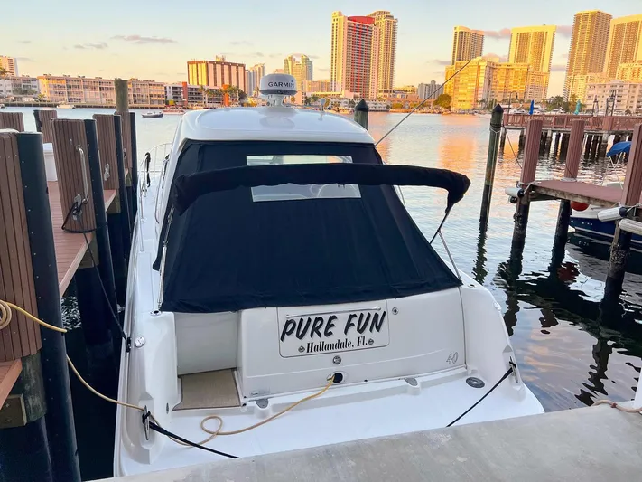 Pure Fun Yacht Photos Pics 2007 Sea Ray 40 Sundancer docked at marina, city skyline in background.