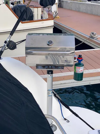 Pure Fun Yacht Photos Pics Stainless steel grill mounted on a 2007 Sea Ray 40 Sundancer yacht at a marina.