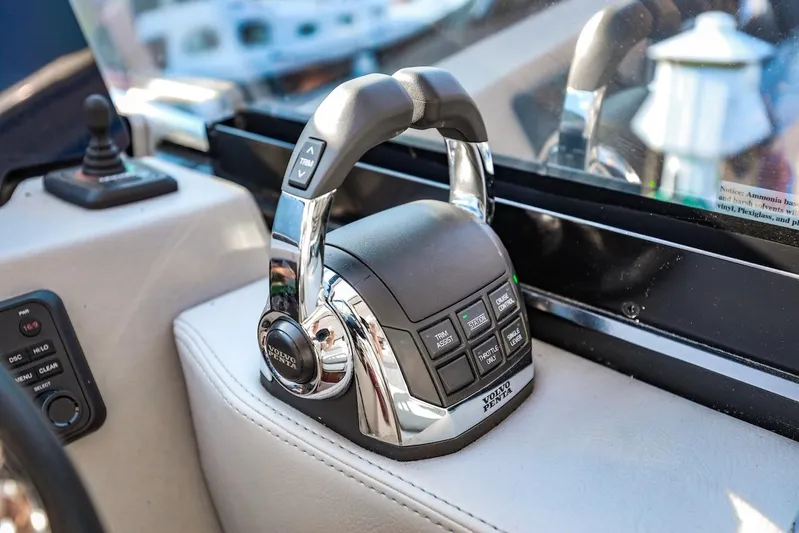  Yacht Photos Pics Control panel of a 2021 Regal 36 Grande Coupe boat with Volvo Penta throttle.