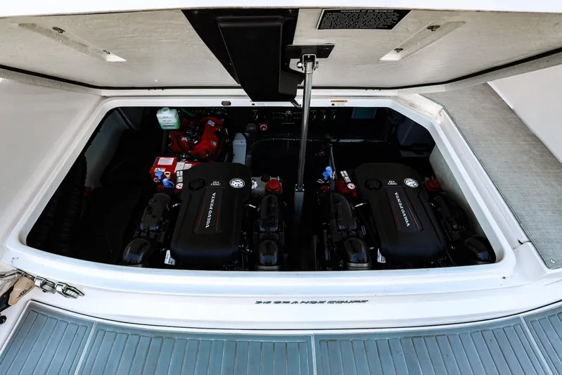  Yacht Photos Pics 2021 Regal 36 Grande Coupe engine compartment with dual Volvo Penta engines.