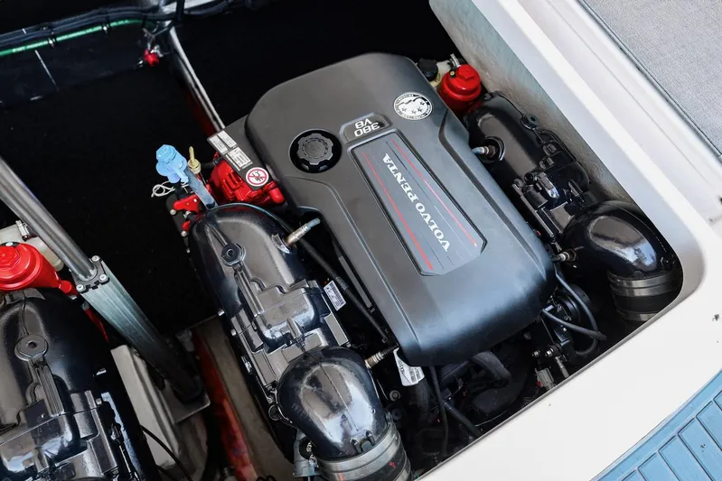 Yacht Photos Pics Engine compartment of a 2021 Regal 36 Grande Coupe featuring a Volvo Penta engine.