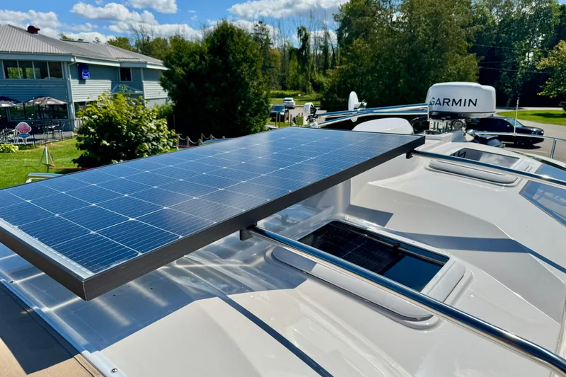  Yacht Photos Pics 2025 Ranger Tugs R-27 boat with solar panel and Garmin equipment on deck.