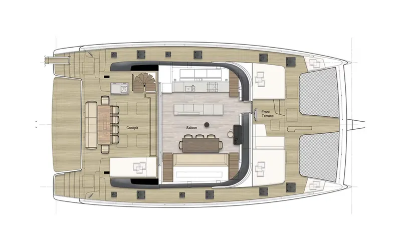  Yacht Photos Pics Floor plan of 2022 Sunreef 60 Sailing yacht, featuring saloon, cockpit, and front terrace.