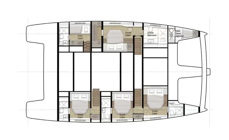  Yacht Photos Pics Floor plan of 2022 Sunreef 60 Sailing yacht, featuring multiple cabins and bathrooms.