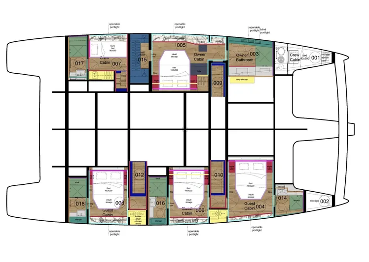  Yacht Photos Pics Floor plan of 2022 Sunreef 60 Sailing catamaran, showcasing cabin and layout details.