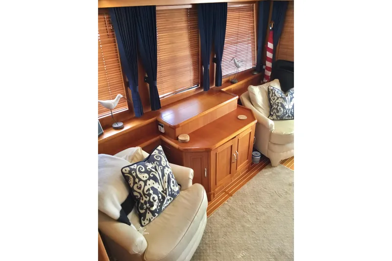 "journeys" Yacht Photos Pics Luxurious interior of 2008 Grand Banks 59 Aleutian RP yacht with elegant seating and decor.