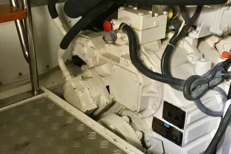 "journeys" Yacht Photos Pics Engine room of 2008 Grand Banks 59 Aleutian RP yacht, featuring mechanical components.