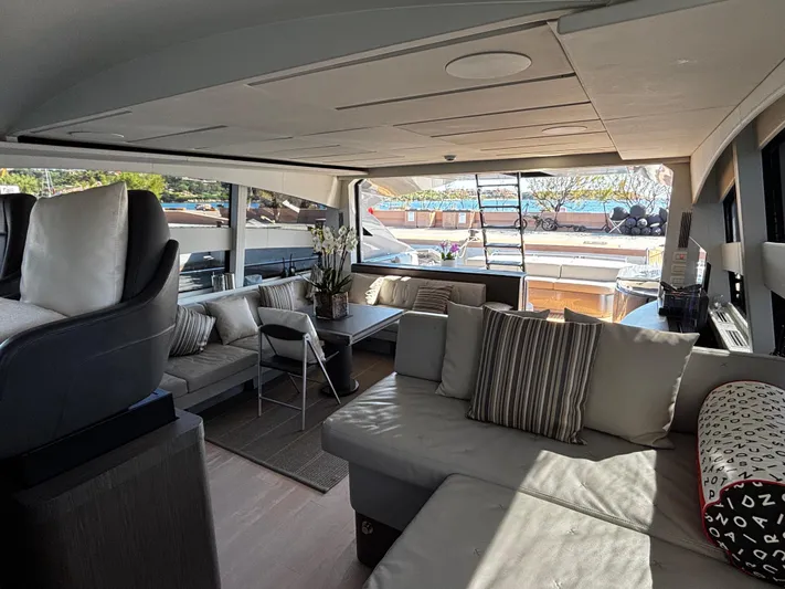  Yacht Photos Pics Luxurious interior of a 2019 Pershing 74 yacht with modern seating and decor.