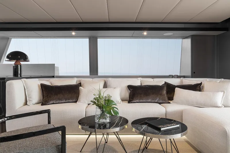  Yacht Photos Pics Luxurious interior of 2026 Sunreef 70 yacht with elegant seating and modern decor.