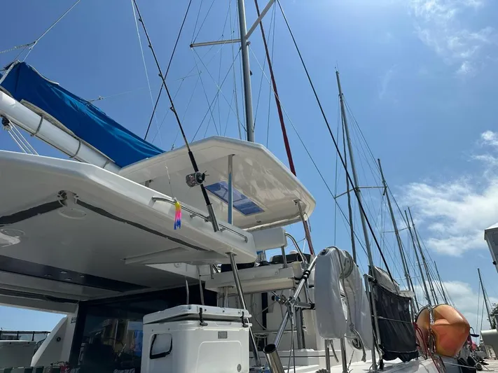 Nice Aft Too Yacht Photos Pics 2018 Leopard 45 catamaran docked under clear blue sky.
