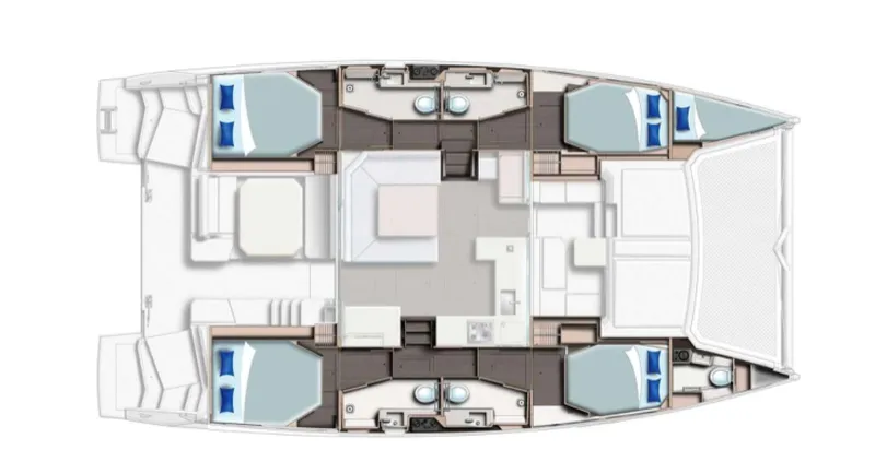 Nice Aft Too Yacht Photos Pics Floor plan of a 2018 Leopard 45 catamaran, featuring four cabins and central living space.