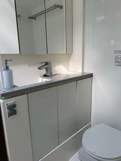 Nice Aft Too Yacht Photos Pics Modern bathroom in 2018 Leopard 45 yacht with sleek cabinetry and fixtures.