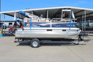 2019 Sun Tracker Bass Buggy 16 XL Select pontoon boat on trailer.