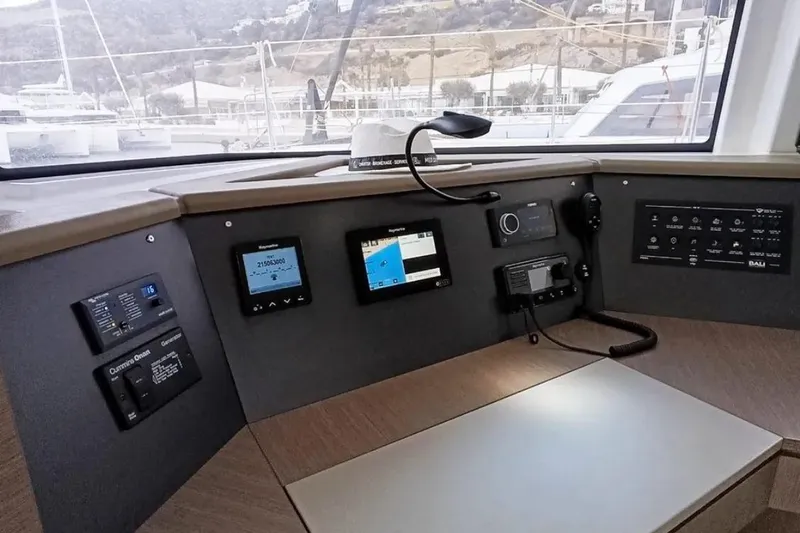 Dreamer Yacht Photos Pics Control panel of a 2022 Bali 4.6 yacht with navigation and communication systems.