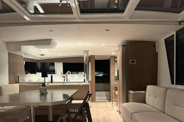 Dreamer Yacht Photos Pics Luxurious interior of a 2022 Bali 4.6 yacht with modern furnishings and ambient lighting.