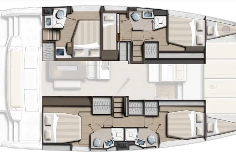 Dreamer Yacht Photos Pics Floor plan of a 2022 Bali 4.6 catamaran, featuring cabins and bathrooms.