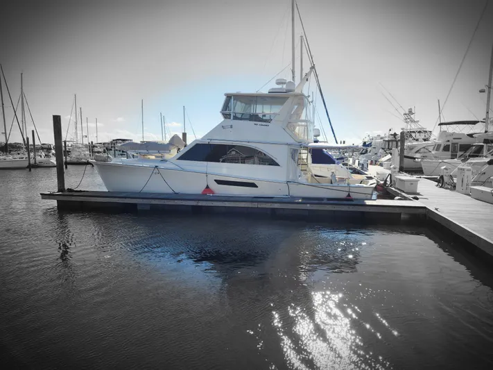 Boss Lady Yacht Photos Pics 2001 Ocean Yachts 48 docked at a marina, surrounded by other boats.