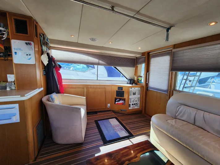 Boss Lady Yacht Photos Pics Interior of 2001 Ocean Yachts 48, featuring cozy seating and wooden accents.