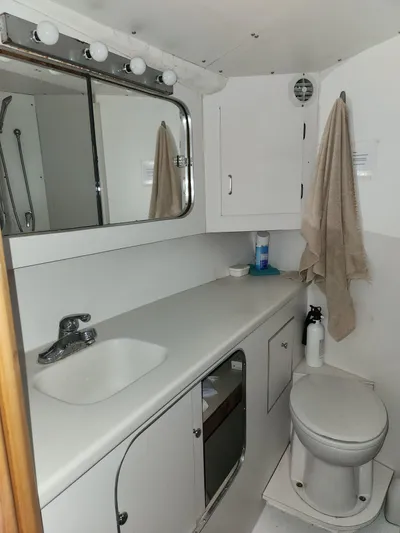 Boss Lady Yacht Photos Pics Bathroom of a 2001 Ocean Yachts 48, featuring sink, mirror, and toilet.