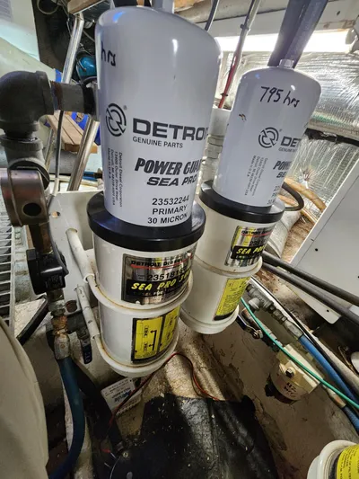 Boss Lady Yacht Photos Pics Engine room of a 2001 Ocean Yachts 48 with Detroit Diesel filters.