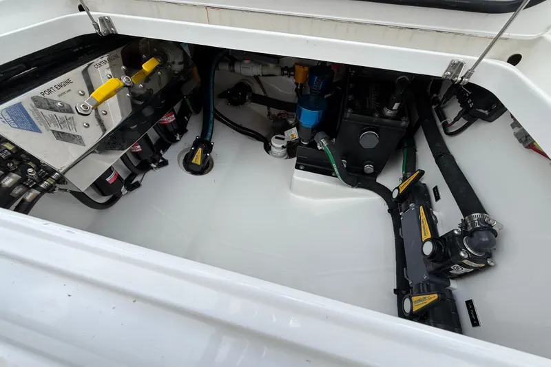 Salty Dogs Yacht Photos Pics 2024 Valhalla Boatworks V-37 engine compartment with detailed mechanical components.